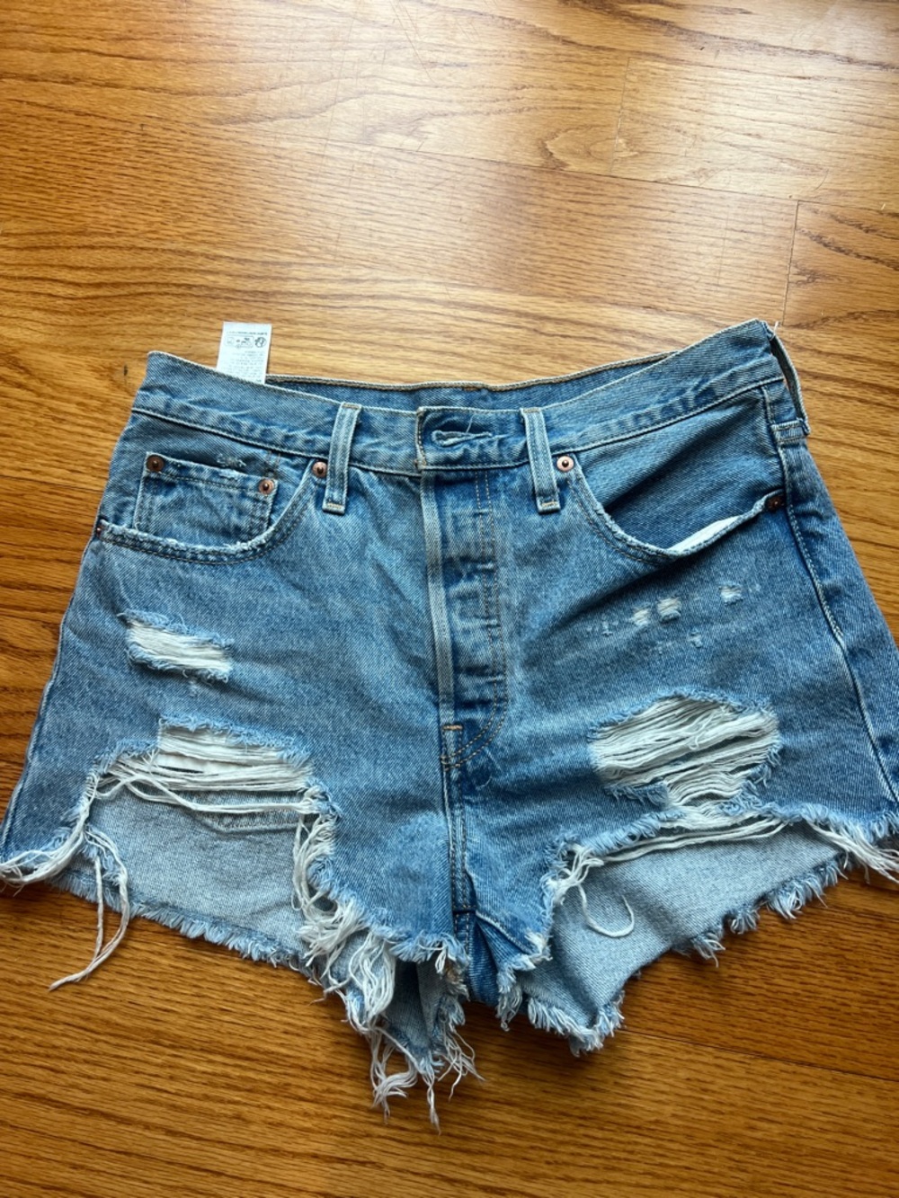 Distressed Blue Denim High-Rise Women's Button Fly Shorts Size 28